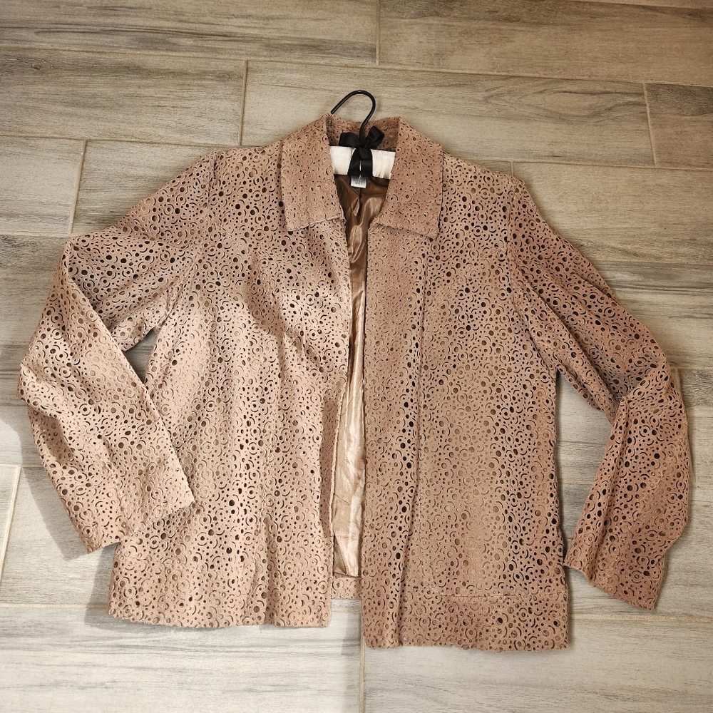 Chico's Open Jacket 12 Cappuccino Taupe Leather Cutwork Floral Perforated Blazer